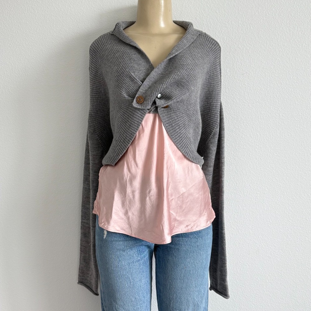 Trussardi Grey Wool Cropped Cardigan S Shawl Crossover Knit Quiet Luxury Minimal